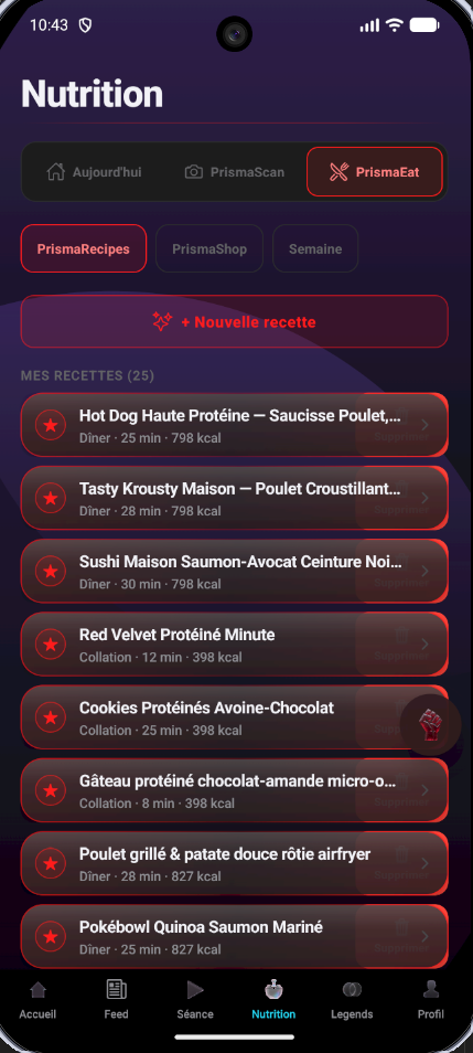 Application PrismaFit — onglet PrismaEat, recettes générées