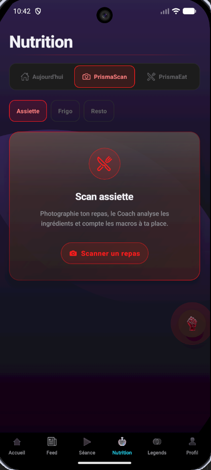 Application PrismaFit — onglet PrismaScan, scan d'un repas
